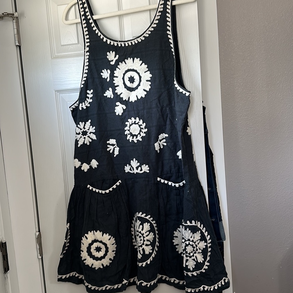 Free People Black Dress with White Embroidered Floral Accents